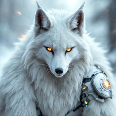 The primary subject of the image is a white wolf with glowing eyes, standing in a snowy environment. The wolf appears to be wearing a futuristic armor, giving it a unique and intriguing appearance. The setting is a snowy landscape, with trees in the background, creating a cold and atmospheric scene. The visual style of the image is a combination of photo and digital art, resulting in a striking and captivating image. The dominant colors are white and blue, with the glowing